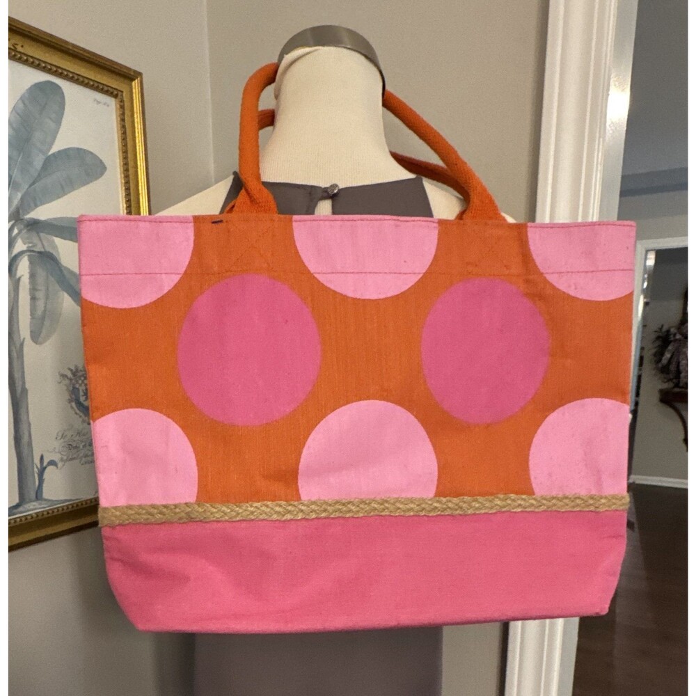 Mud Pie Pink Orange Polka Dot Tote Bag Zipper Accents Inner Pockets Double